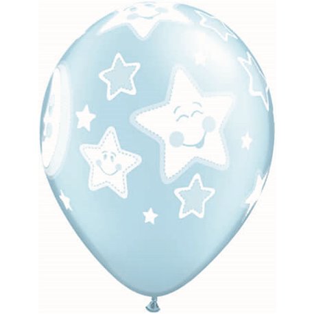 Baloane latex 11" inscriptionate Baby Moon & Stars Pearl Light Blue, Qualatex 24941, set 25 buc