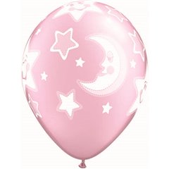 Baloane latex 11" inscriptionate Baby Moon & Stars Pearl Pink, Qualatex 24940