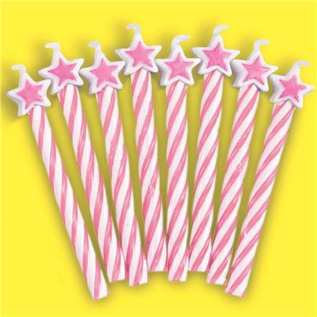 Lumanari aniversare pentru tort roz cu stelute, Amscan INT175221, Set 8 buc