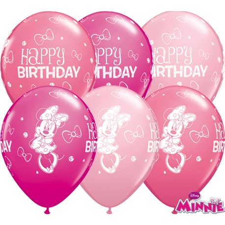 Baloane latex 11"/28cm Minnie Mouse - Happy Birthday, Qualatex 18686, Set 25 buc