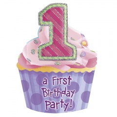 Invitatii de petrecere 1st birthday fetita, Amscan 993124, Set 8 buc