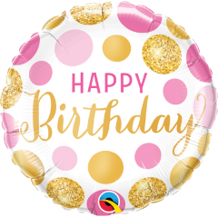 Balon Folie 45 cm Happy Birthday Pink & Gold Dots, Qualatex 49164