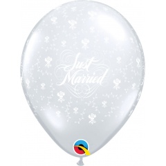 Baloane latex 11"/28 cm inscriptionate Just Married, Flowers-A-Round Diamond Clear, Qualatex 37078