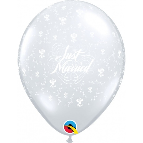 Baloane latex 11"/28 cm inscriptionate Just Married, Flowers-A-Round Diamond Clear, Qualatex 37078