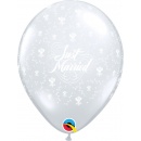 Baloane latex 11"/28 cm inscriptionate Just Married, Flowers-A-Round Diamond Clear, Qualatex 37078