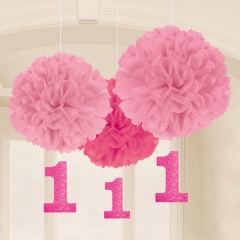 Decoratiuni pompoane roz cu cifra 1 de agatat - 40 cm/17.8 cm, Amscan 180028, set 3 bucati