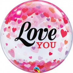 Balon Bubble 22"/56 cm, Love You Confetti Hearts, Qualatex 54604