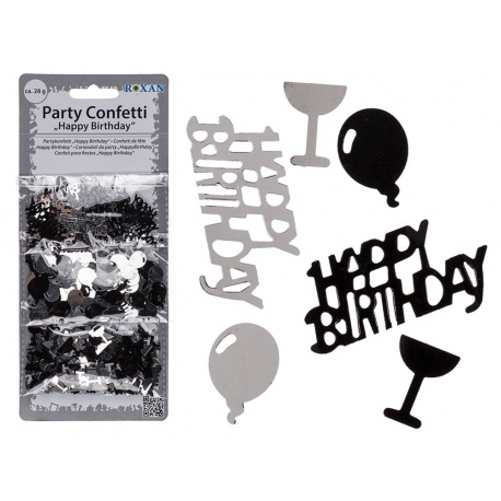 Confeti negru/argintiu Happy Birthday - 3 sortimente/set, ca. 28 g, Radar 181046