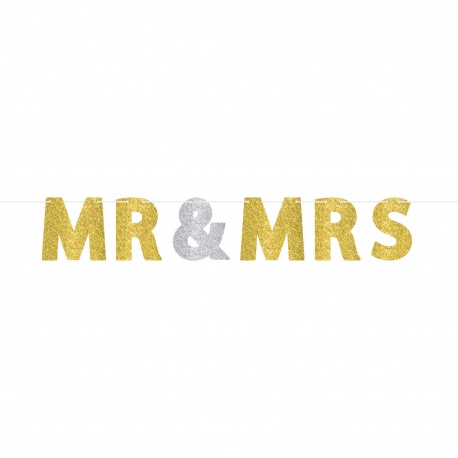 Banner litere cu sclipici pentru nunta - Mr. & Mrs., 18 cm x 3.65 m, 120240