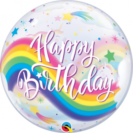 Balon Bubble 22"/56 cm Birthday Rainbow Unicorns, Qualatex 87744