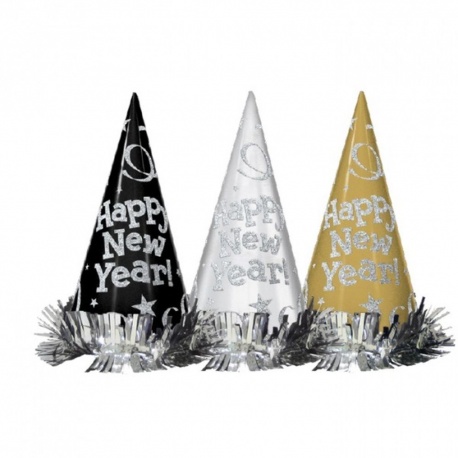 Coifuri Happy New Year cu sclipici - 22 cm, Amscan 259659, set 12 buc