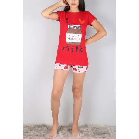 Pijama bumbac rosu/roz- I Love Nutella & Milk, marimi S-XL, Radar 030