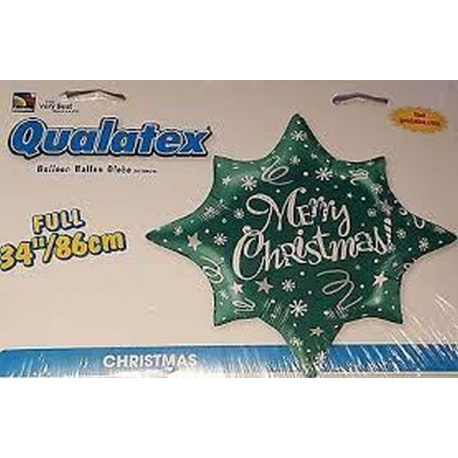 Folie 34'' star green inscr Merry Christmas, Qualatex 10163, 1 buc