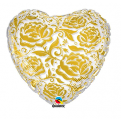 Balon Folie Inima cu Trandafiri Aurii, Qualatex, 55 cm, 81664