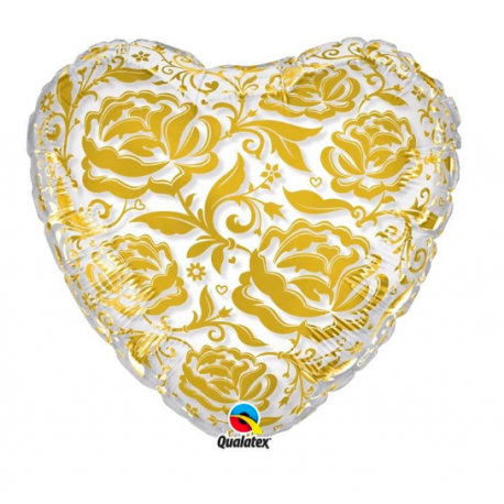 Balon Folie Inima cu Trandafiri Aurii, Qualatex, 55 cm, 81664